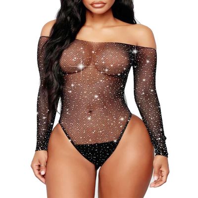 Abberrki Women Sexy Mesh Bodysuit Fishnet Sparkle Rhinestone Teddy Lingerie Halloween Rave Sheer Outfit (Black)
