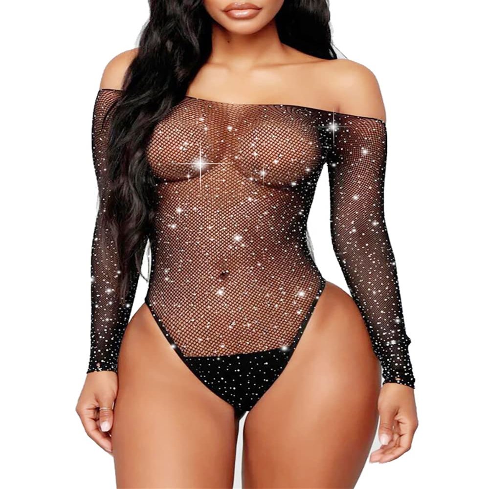 Abberrki Women Sexy Mesh Bodysuit Fishnet Sparkle Rhinestone Teddy Lingerie Halloween Rave Sheer Outfit (Black)