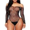 Abberrki Women Sexy Mesh Bodysuit Fishnet Sparkle Rhinestone Teddy Lingerie Halloween Rave Sheer Outfit (Black) view 1