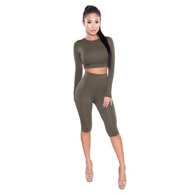 2 Piece Set Women Sexy Long Sleeve Top+Biker Shorts Army Green