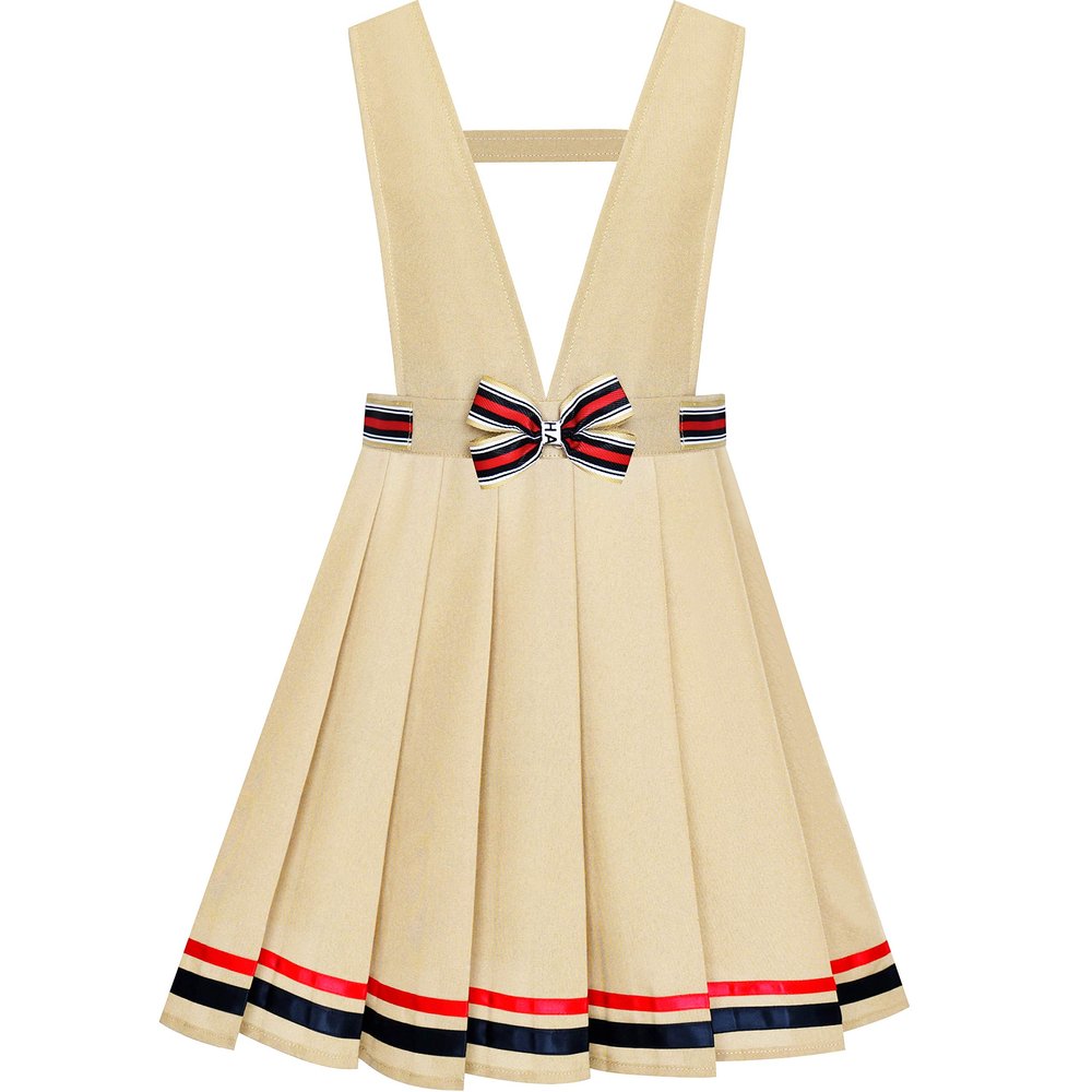 Sunny Fashion Girls Dress Beige Suspender School Uniform Bow Tie Size 7