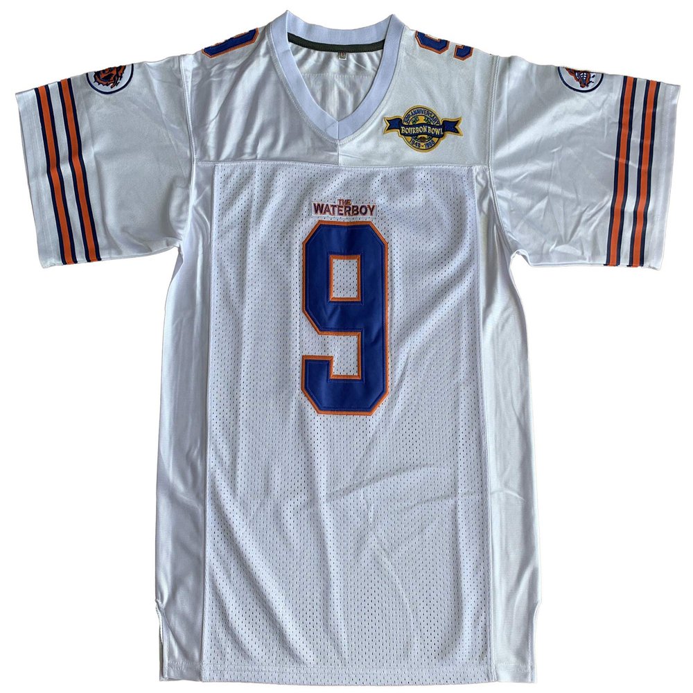 The Waterboy #9 Bobby Boucher Adam Sandler 50th Anniversary Movie Mud Dogs Bourbon Bowl Football Jersey (White, XX-Large)