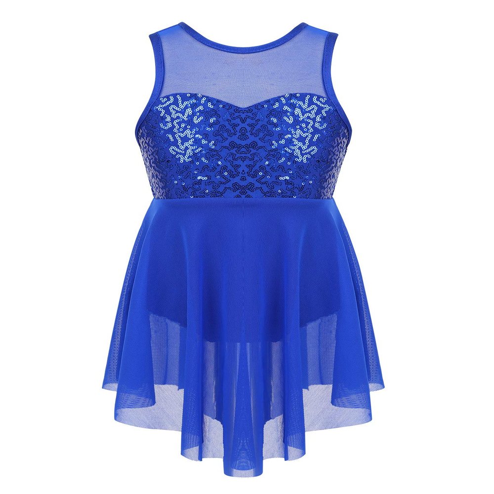 Agoky Kids Girl's Lyrical Dance Costume Dress Illusion Sweetheart Chiffon Skirted Leotard Modern Contemporary Dresses Blue 9-10