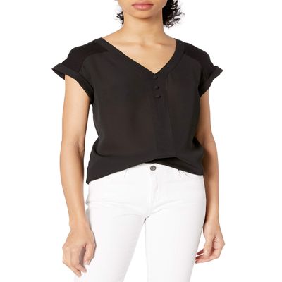 A. Byer Junior's Cuff Sleeve Blouse Top with Buttons, Black, XL