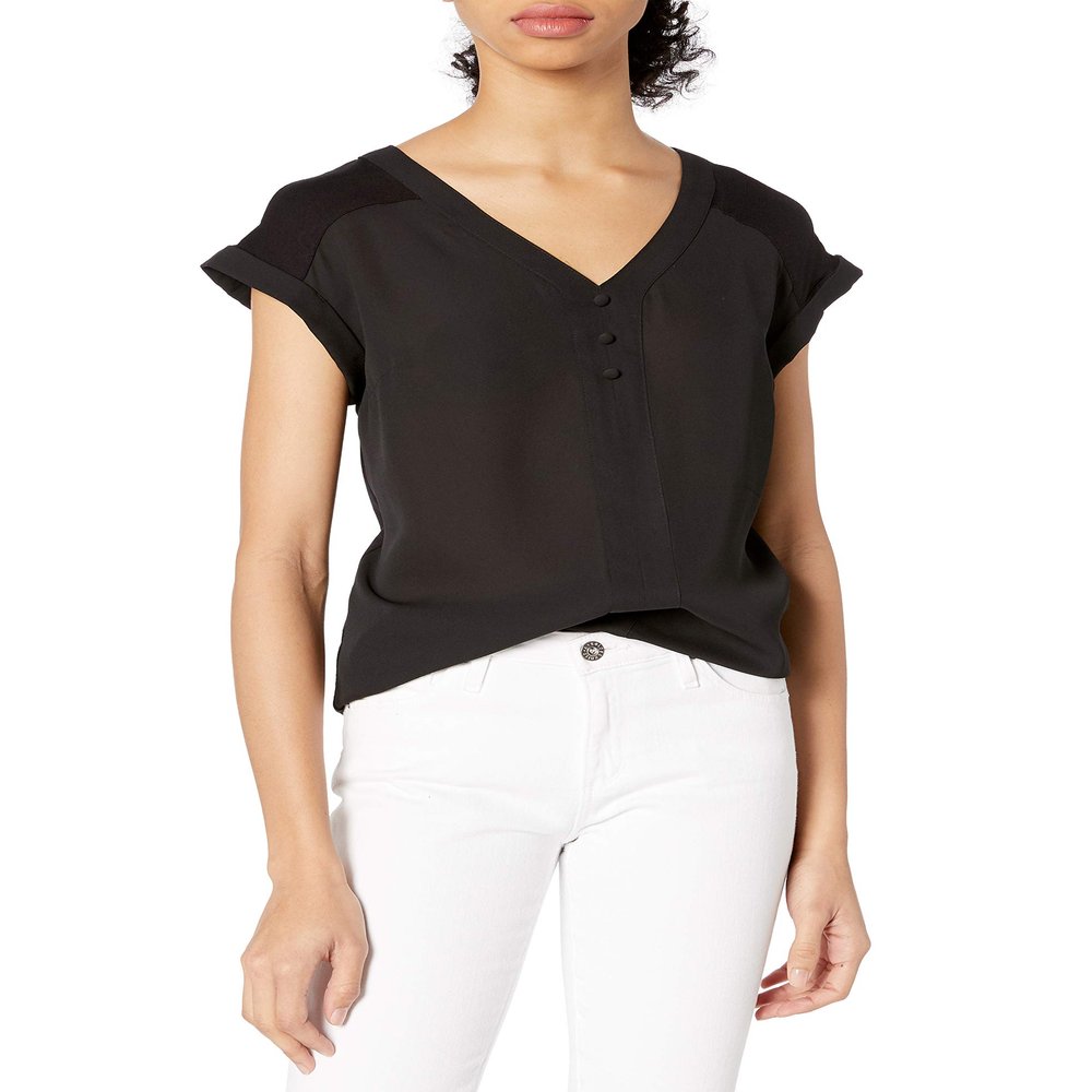 A. Byer Junior's Cuff Sleeve Blouse Top with Buttons, Black, XL