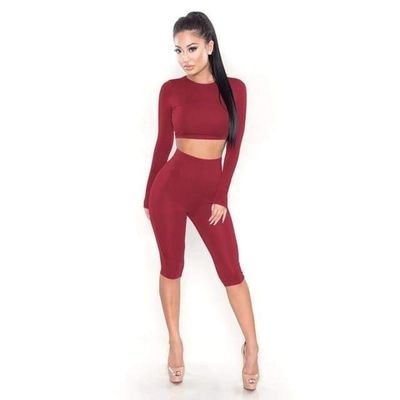2 Piece Set Women Sexy Long Sleeve Top+Biker Shorts Burgundy