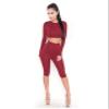 2 Piece Set Women Sexy Long Sleeve Top+Biker Shorts Burgundy