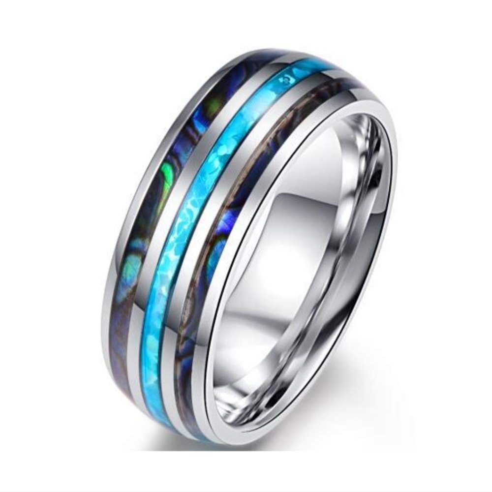 8mm Blue Abalone Shell Inlay Comfort Fit Stainless Steel Ring Domed Engagement Wedding Band for Men Women (Size 6)
