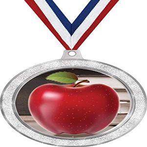 Apple Medal, 2 1/2" Silver Glitter Teachers Apple Medals, Great Education Awards 50 Pack Prime
