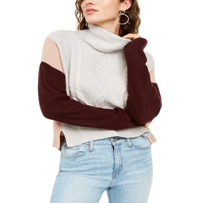 A. Byer Women's Junior's Long Sleeve Cowl Neck Sweater Top Sweater, Grey/Rose, L