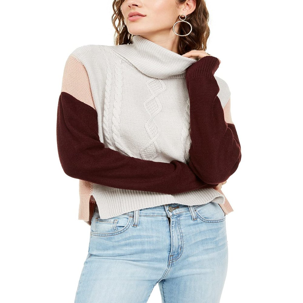 A. Byer Women's Junior's Long Sleeve Cowl Neck Sweater Top Sweater, Grey/Rose, L