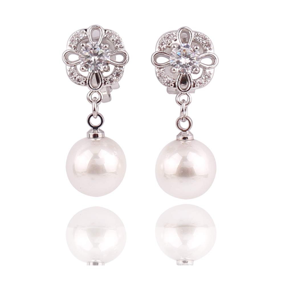 HAPPYAN AAA CZ Pearl Material Clip on Earrings Non Pierced for Women Charm Ear Clip Anti-allergy (Platinum Plated)
