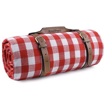 RealPero Extra Large Picnic Blanket Waterproof Camping Mat Rug with PU Carrier Soft Lightweight Portable Outdoor Mat for Travel Lawn Camping on Grass Sand-Proof Beach Red White Plaid