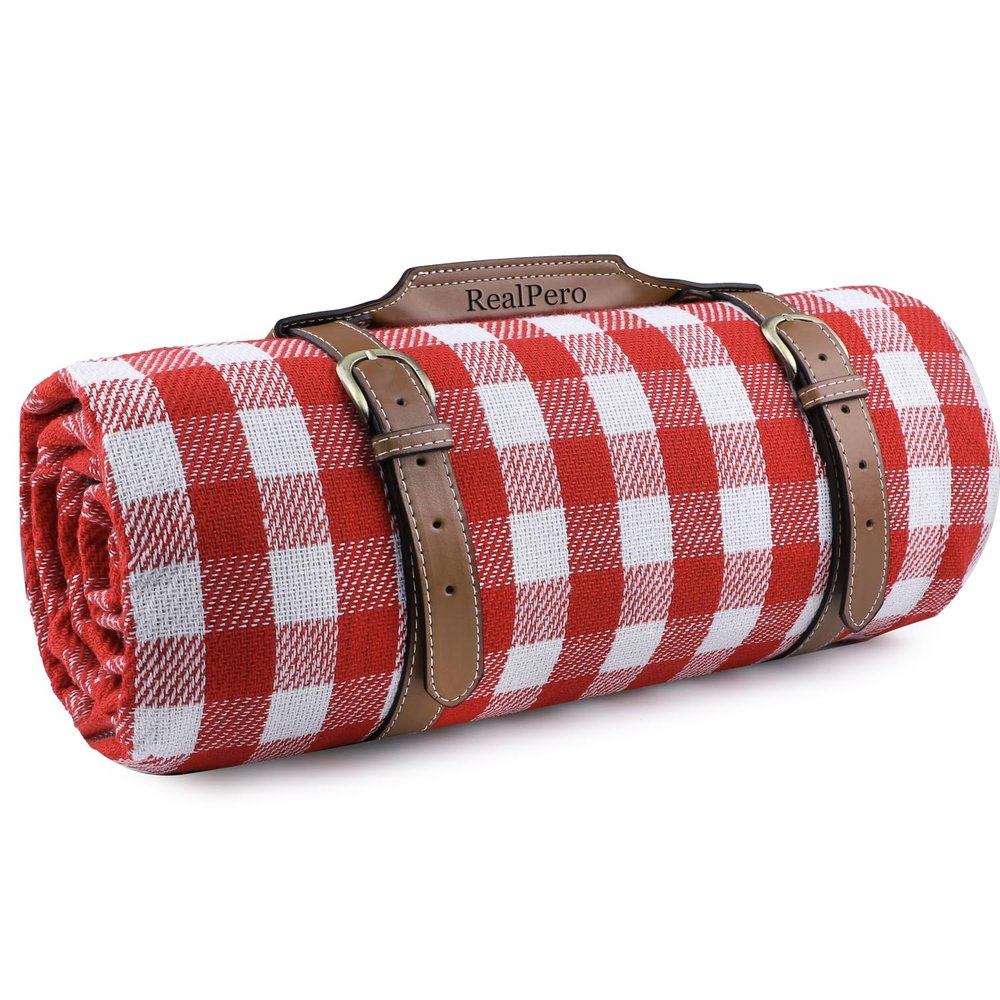 RealPero Extra Large Picnic Blanket Waterproof Camping Mat Rug with PU Carrier Soft Lightweight Portable Outdoor Mat for Travel Lawn Camping on Grass Sand-Proof Beach Red White Plaid
