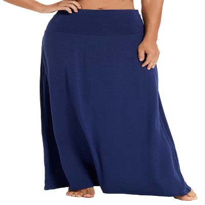 EXCHIC Women's Boho Flod Over Long Maxi Skirt Elastic High Waisted Long Skirts for Women (Navy Blue, Medium)