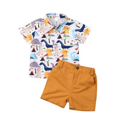 Baby Kids Boy Gentleman Suits, Flamingo Printed Button Down Shirt +Pink Shorts Set 2Pcs Outfits Set (Yellow, 3-4T)