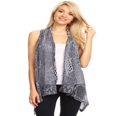 Anna-Kaci Womens Sleeveless Open Front Crochet Shawl Cardigan Bikini Cover Up,Grey,XX-Large/XXX-Large