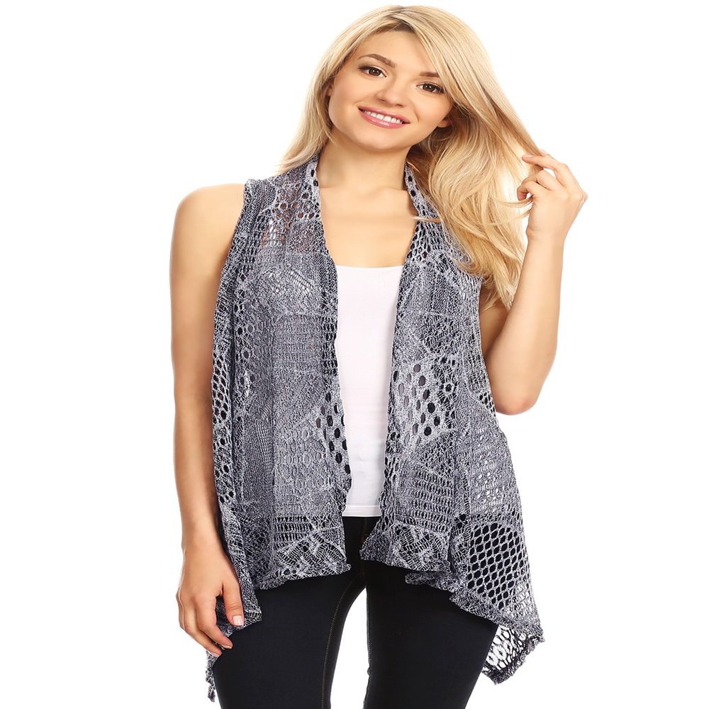 Anna-Kaci Womens Sleeveless Open Front Crochet Shawl Cardigan Bikini Cover Up,Grey,XX-Large/XXX-Large
