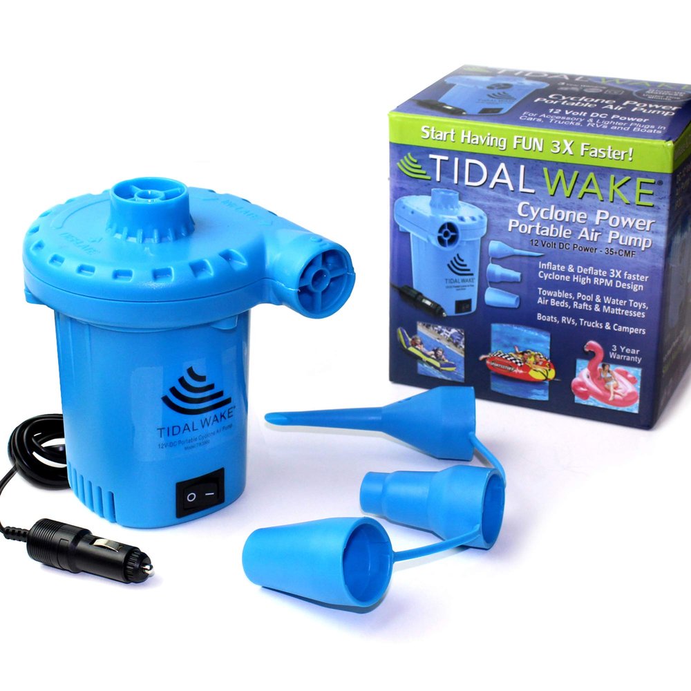 Tidal Wake Cyclone Portable Air Pump 12V DC Fast Inflator Pump for Pool Toys & Water Toys, Air Mattress, Boat Towables, Rafts, Tubes -Inflates & Deflates 10ft Cord, 1000L/Minute Power