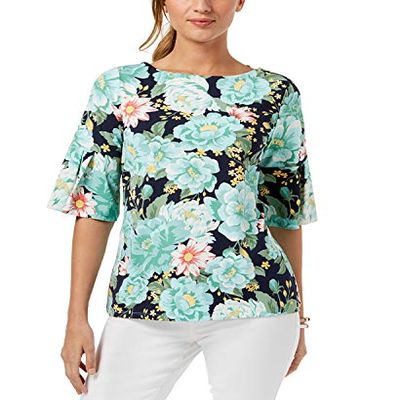 Charter CIub Petite Printed Ruffle Sleeve Top Intrepid Blue Combo PXS