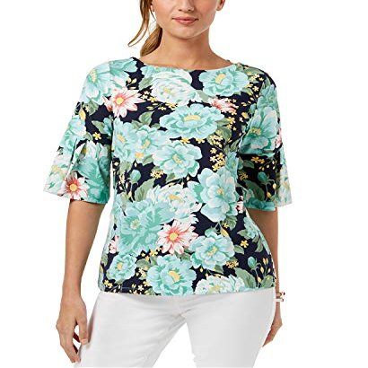 Charter CIub Petite Printed Ruffle Sleeve Top Intrepid Blue Combo PXS