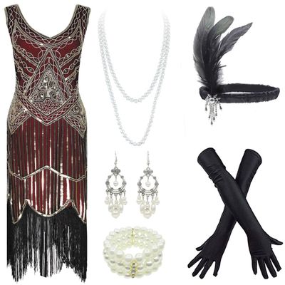 20s Flapper Gatsby Sequin Beaded Evening Cocktail Dress with Accessories Set (3X-Large, Gold&Wine)