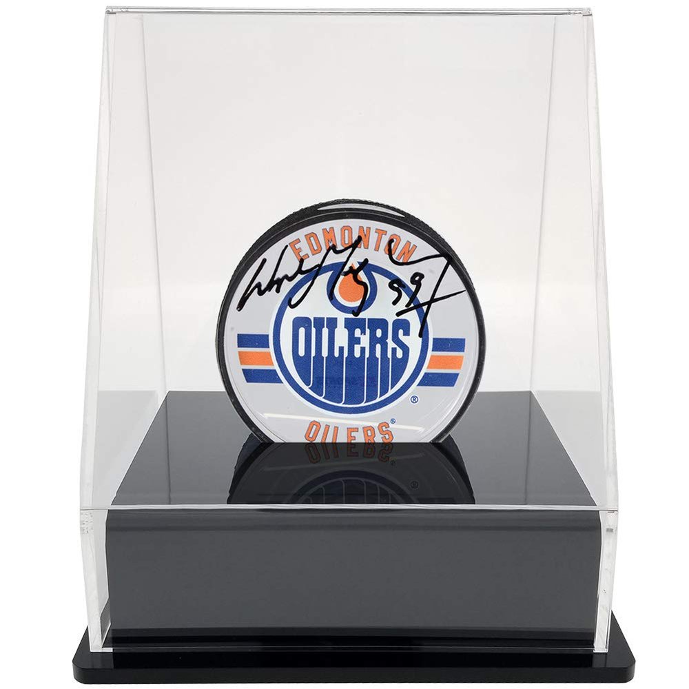 OnDisplay Deluxe UV-Protected Hockey Puck Display Case - Angle Black Base