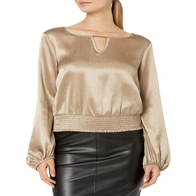 A. Byer Junior's Long Sleeve Band Bottom Blouse Top, Taupe, M