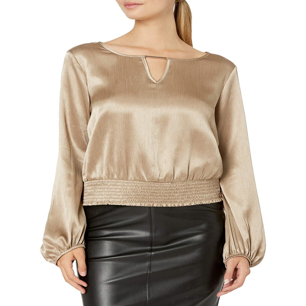 A. Byer Junior's Long Sleeve Band Bottom Blouse Top, Taupe, M
