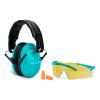 WALKER'S Youth & Women's Shooting Low Profile Folding Padded Headband Adjustable Hearing Protection Earmuffs, Teal Muff, Glasses & Plugs Combo view 1