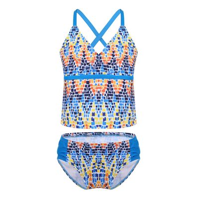 Agoky Kids Big Girls' Mambo Tie-Dye 2 Pieces Tankini Swimsuit Halter Bathing Suits Blue Printed 8