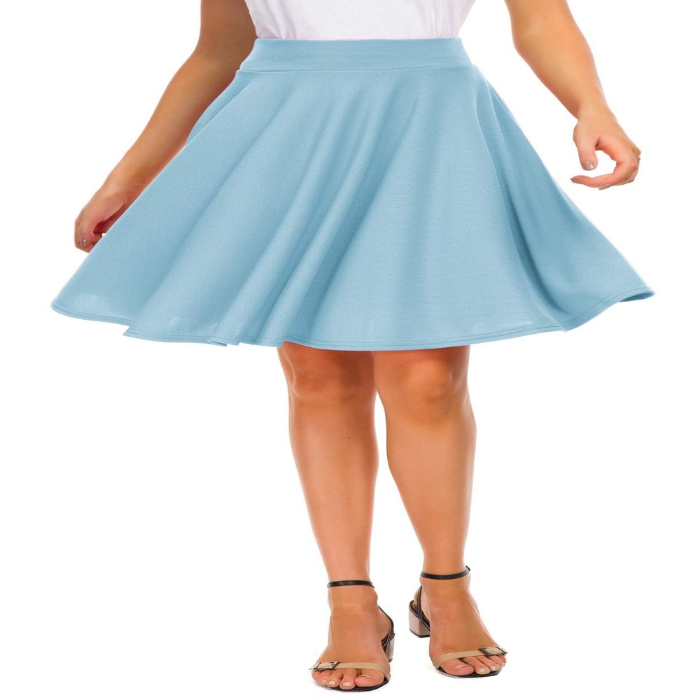EXCHIC Women's Casual Stretchy Flared High Waist Skater Skirts Basic A-Line Pleated Midi Skirt (L, Light Blue)