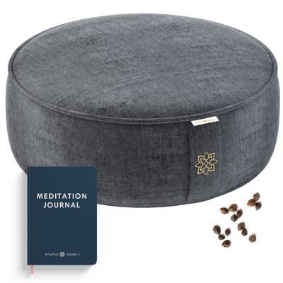Mindful & Modern Velvet Meditation Cushion | Luxe Zafu Yoga Floor Pillow Seat | Posture Support | Buckwheat Hull Filled | Large Round Cushion with Removable Washable Cover + Carry Handle | Color Grey