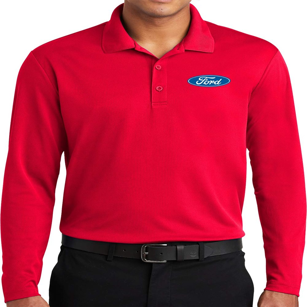 Ford Oval Pocket Print Long Sleeve Polo, Red 3XL