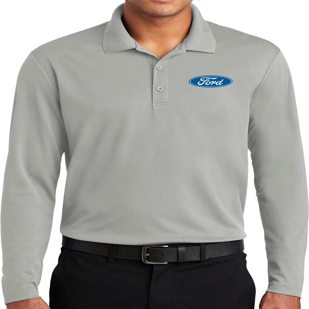 Ford Oval Pocket Print Long Sleeve Polo, Silver 3XL