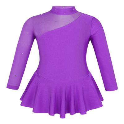 winying Girls Mock Neck Long Sleeves Tulle Splice Cut Out Back Roller Ice Figure Skating Dress Ballet Dancewear Purple 8