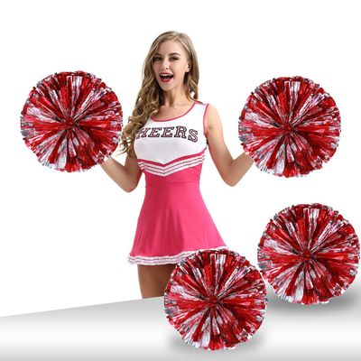 Ueerdand Pack of 4 Cheerleading Pom Poms Foil Plastic Metallic Cheerleader Pom Poms for Cheer Sport Kids Adults Team Spirit Cheering (Red/Silver)