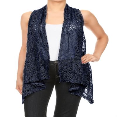 Anna-Kaci Womens Sleeveless Open Front Crochet Shawl Cardigan Bikini Cover Up,Navy,XX-Large/XXX-Large