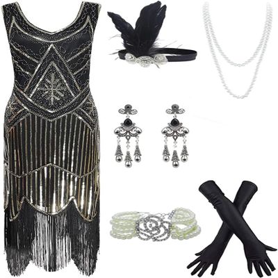 20s Flapper Gatsby Sequin Beaded Evening Cocktail Dress with Accessories Set (3X-Large, Black&Gold)
