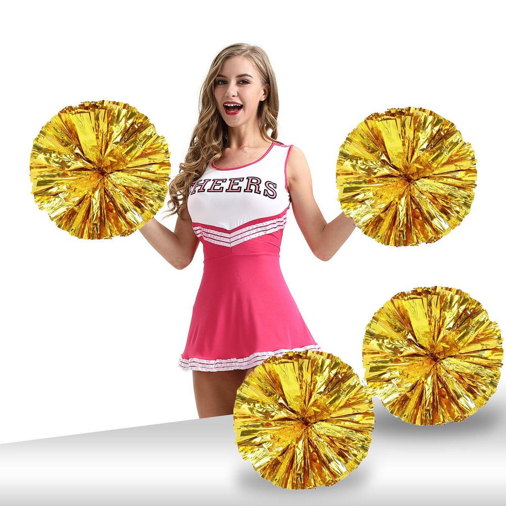 Pack of 4 Cheerleading Pom Poms Foil Plastic Metallic Cheerleader Pom Poms for Cheer Sport Kids Adults Team Spirit Cheering (Gold)