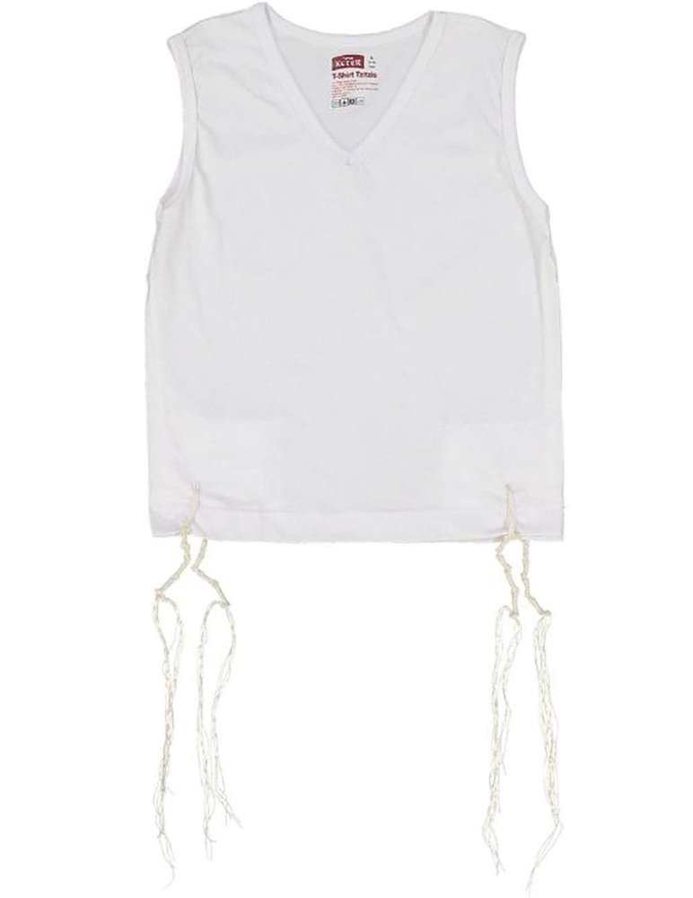 PerfTzit V-Neck Undershirt Tzitzis Keter - Ashkenazi Meyuchad for Boys and Men - 100% Cotton - Size 26 White