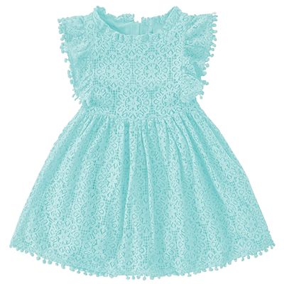 Csbks Toddler Girls Cute Pompoms Lace Floral Elegant Retro Swing Party Dress Blue-Green 140 6 Years