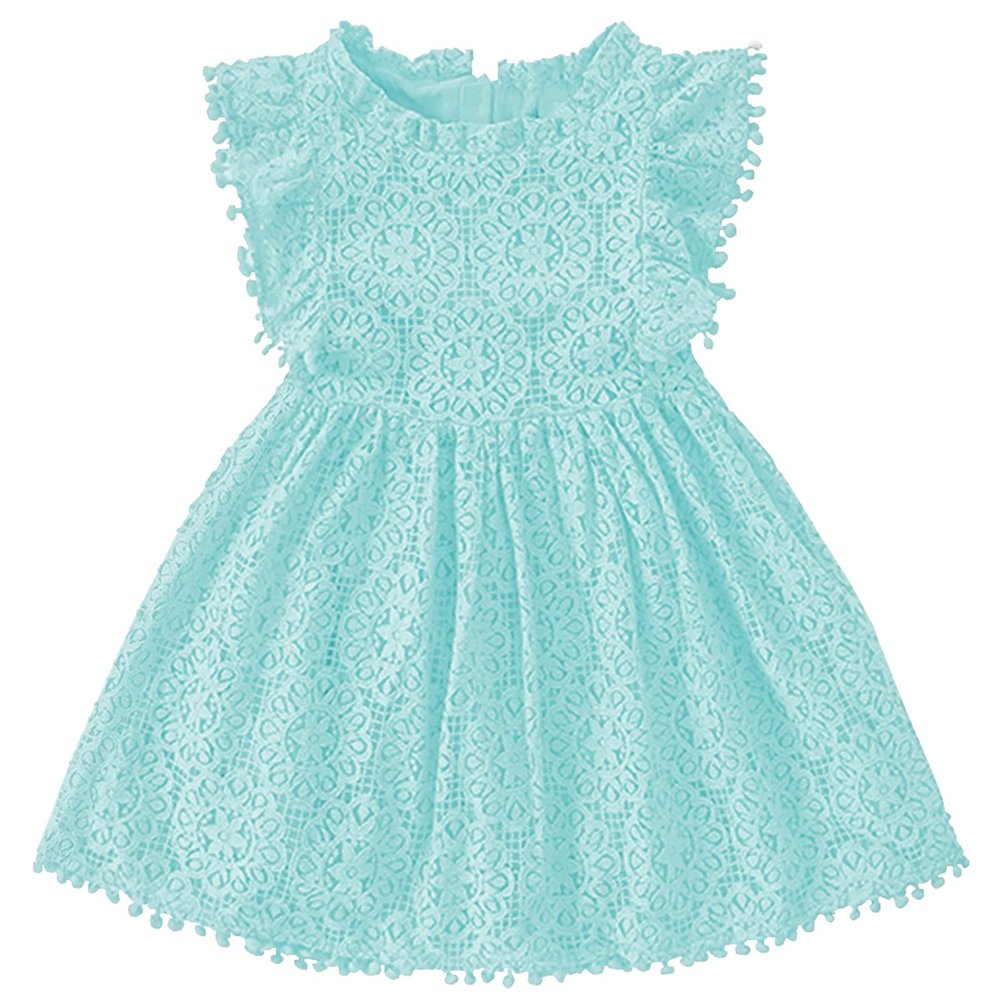 Csbks Toddler Girls Cute Pompoms Lace Floral Elegant Retro Swing Party Dress Blue-Green 140 6 Years