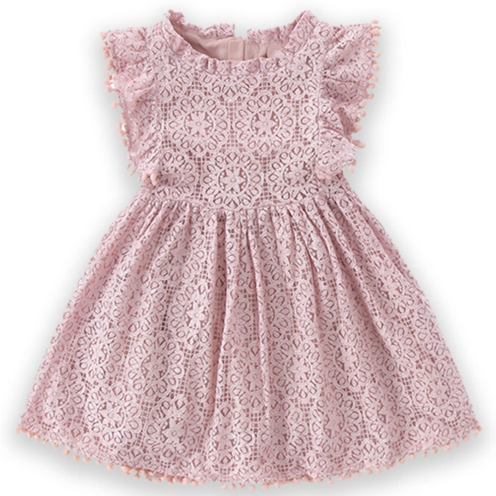 Csbks Toddler Girls Cute Pompoms Lace Floral Elegant Retro Swing Party Dress Pink 100 2T