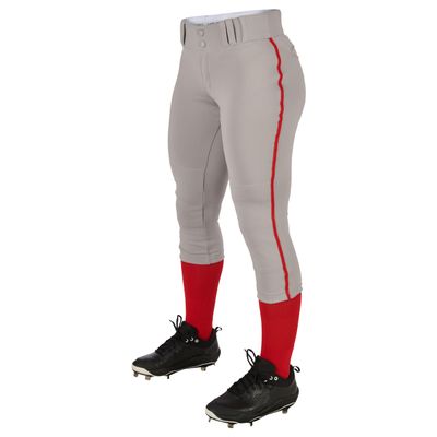 Girls' Standard Tournament Low-Rise Youth Softball Pants with Braid, Grey, Scarlet Pipe, Medium