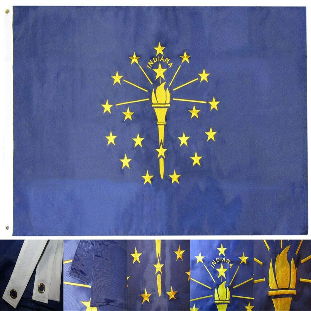 MWS 3x5 State of Indiana in 3'x5' Premium 210D Nylon Embroidered Flag 2 Clips