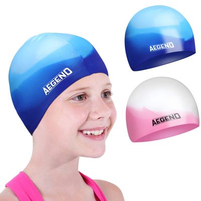 Aegend 2 Pack Kids Swim Cap for Girls Boys Age 3-8, Waterproof Swim Cap Durable Silicone Kids Swimming Cap for Long Hair, Blue & Pink