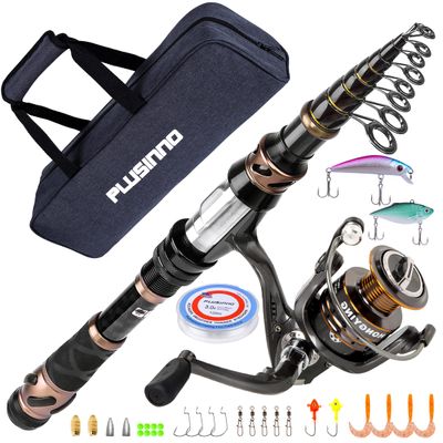 PLUSINNO Fishing Rod and Reel Combos, Toray 24-Ton Carbon Matrix Telescopic Fishing Rod, 12 +1 Shielded Bearings Stainless Steel BB Spinning Reel