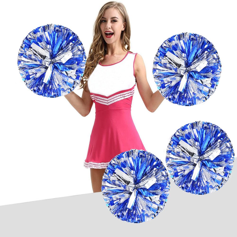 Ueerdand Pack of 4 Cheerleading Pom Poms Foil Plastic Metallic Cheerleader Pom Poms for Cheer Sport Kids Adults Team Spirit Cheering (Blue/Silver)