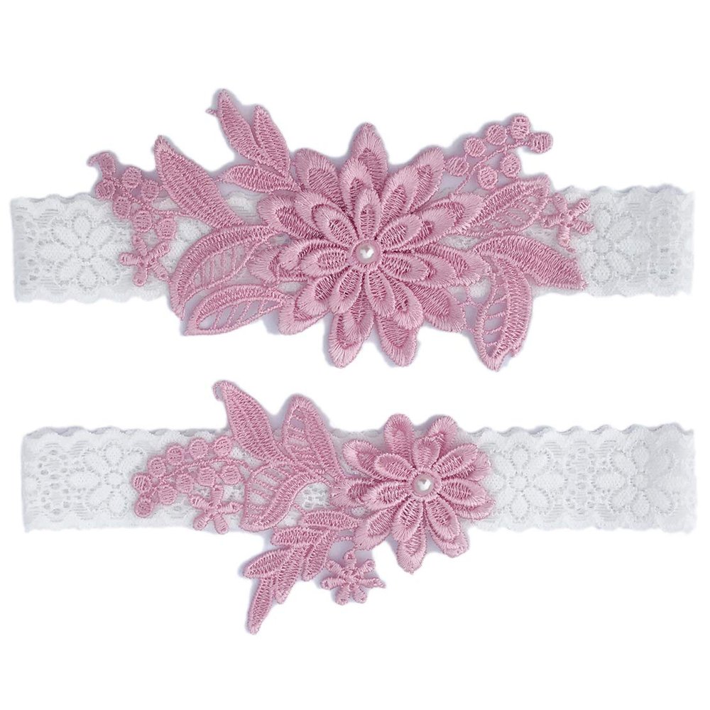 Beautiful Pink Lace Bridal Garter Set with Rhinestone Wedding Garters for Brides